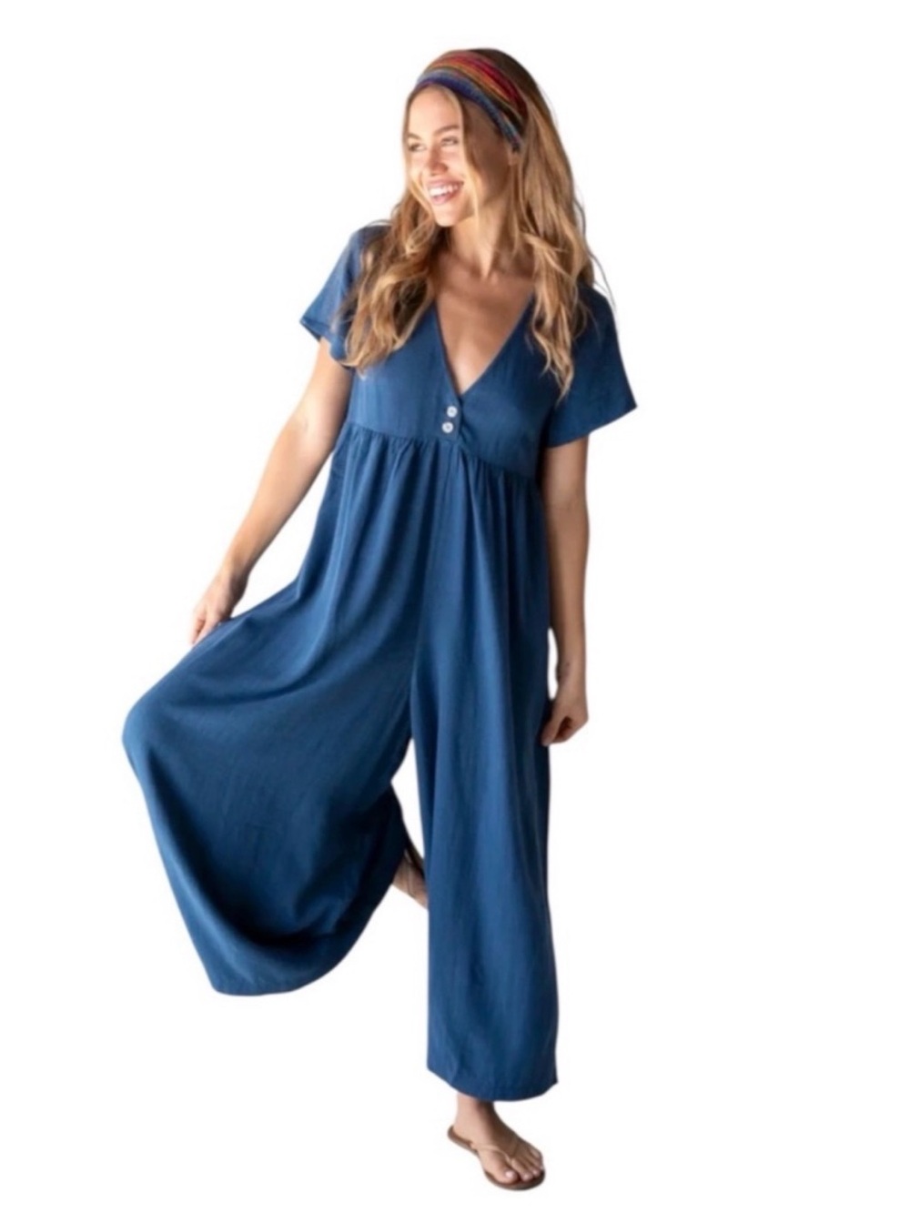 NWOT NATURAL LIFE Indigo Short-Sleeve Wide-Leg V-Neck Jumpsuit